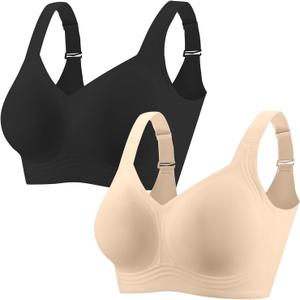 PoseFree Womens Seamless Wireless Supportive Bra Push Up Comfort Soft No Underwire Full Coverage T-Shirt Bra (Large, Nude+black)