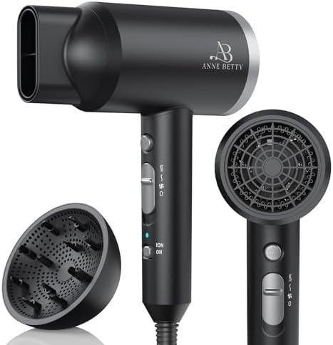 Anne Betty Ionic Hair Dryer with Diffuser, Powerful 1800W Blow Dryer for Women & Men, Fast-Drying Hair Dryer with Nozzle for Home, Salon, Travel
