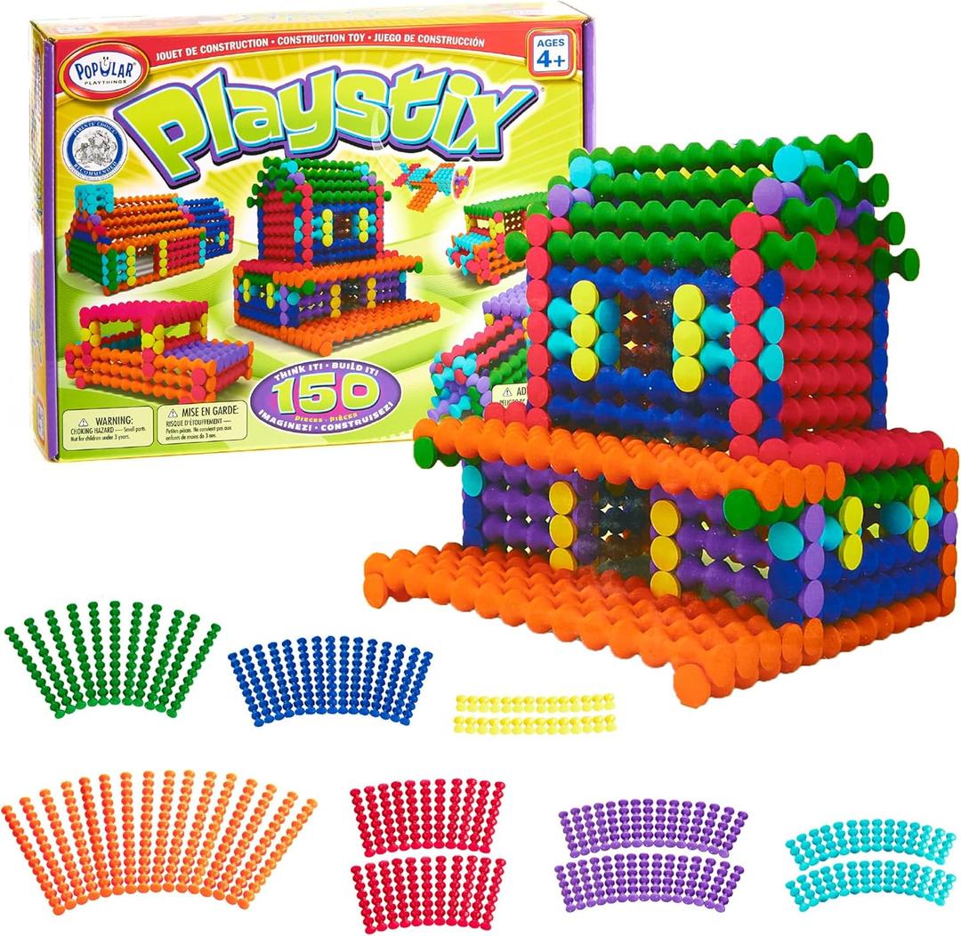 POPULAR PLAYTHINGS Playstix Construction Toy Set with Building Sticks for STEM and Classroom Use, for Kids Ages 4 and Up - 150 Piece Kit