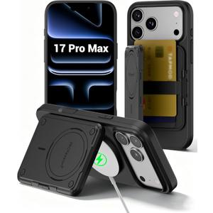PROfezzion for iPhone 17 Pro Max Case Wallet 3-Card Holder with MagSafe, Triple-Sided Magnets, RFID Blocking, Wireless Charging, Kickstand, Drop Protection Rugged Magnetic Case Protector - Black