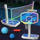Jocoevol 2-in-1 LED Pool Basketball Hoop Poolside & LED Pool Volleyball Net Set Swimming Pool Basketball Goal Outdoor for Kids Teens Adults Light Up Pool Toys Pool Games for Inground Pools