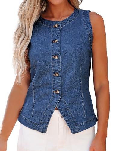 luvamia Jean Vest for Women Denim Strechy Button Down Crewneck Top Casual Summer Sleeveless Denim Vest Women Western Outfit Waistcoat Classic Blue Small US Size 4 Size 6, Size S
