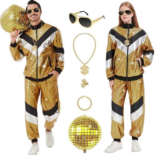 Ezuwail 70s 80s Outfits for Men Women Metallic Disco Outfit Halloween Costumes Tracksuit Sportswear 7pcs XL