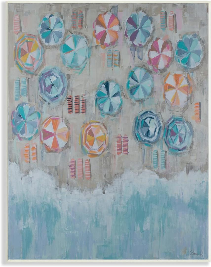 Stupell Industries Busy Beach Coast Aerial Painting Patterned Umbrellas Towels Wall Plaque, 13 x 19, Blue