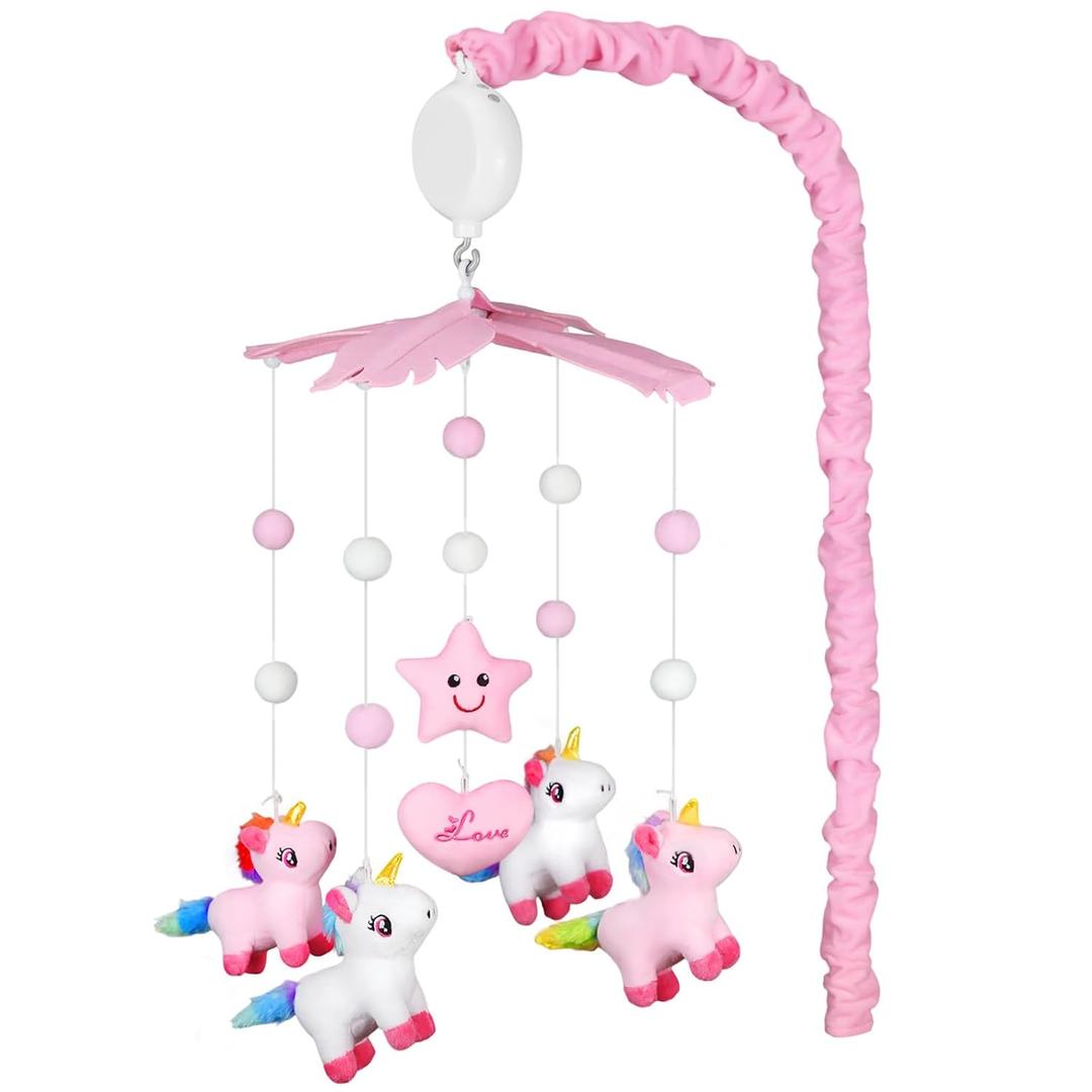 Baby Crib Mobile for Girls, Unicorn Crib Mobile with Music, Pink White Musical Nursery Mobiles, Pink Nursery Decor, Crib Mobile for Infant Baby with 6 Hanging Plush Toys, 35 Lullabies, 28 Mobile Arm
