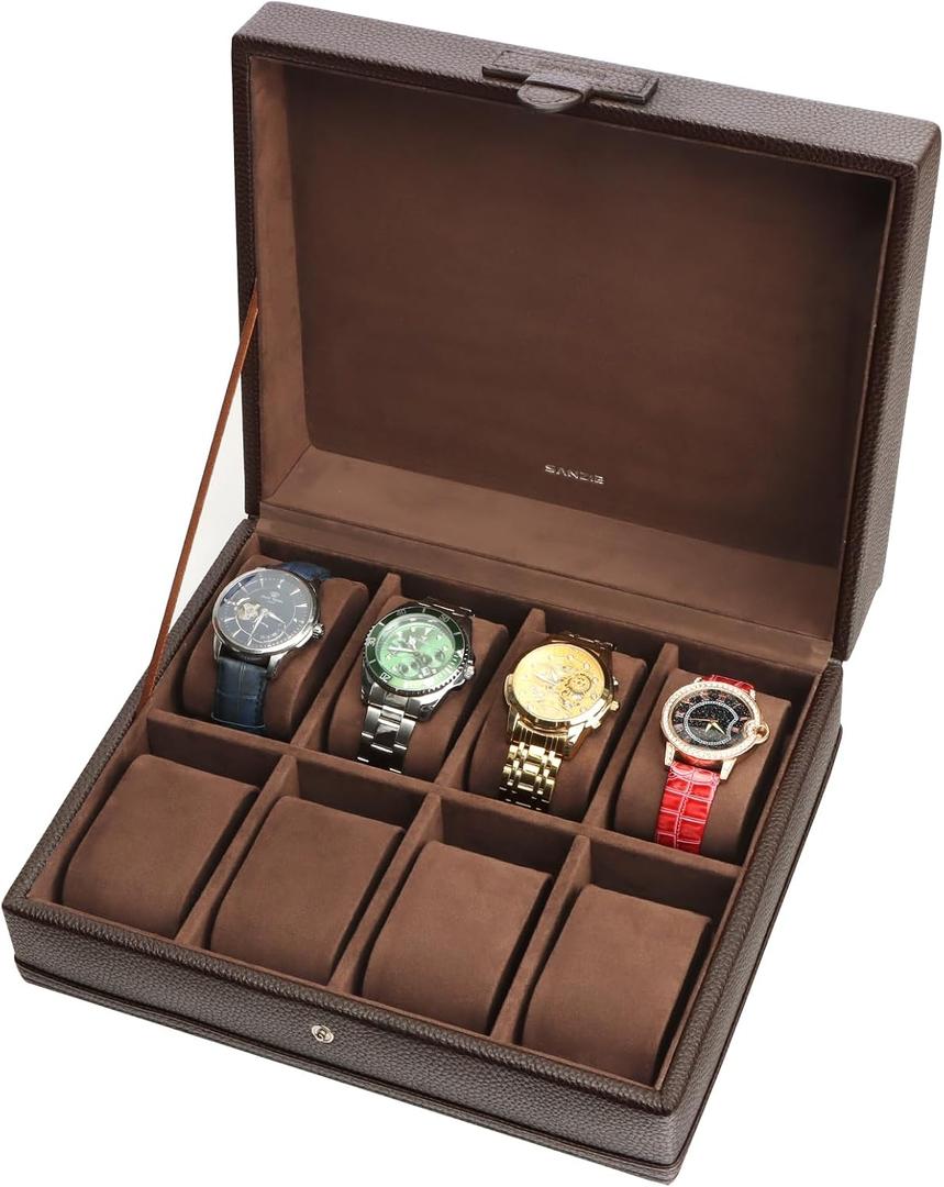 SANZIE 8-Slot Watch Box for Mens Watch Case with Removable Watch Pillows, Watch Holder Organizer Watch Storage with Brown Synthetic Leather (Brown)