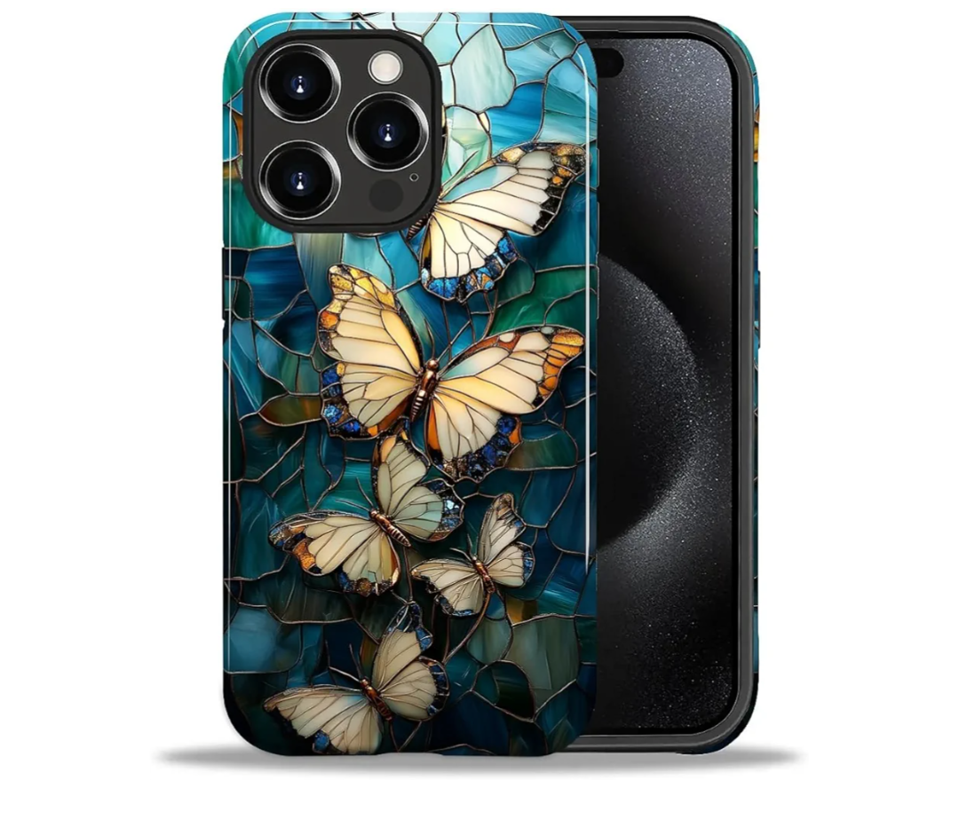CARLOCA Case for iPhone 15 Pro,Pretty Butterfly Stained Glass Mosaic Design Hybrid Dual Protection Soft TPU Hard PC Shockproof Anti-Scratch Cover Men Women Stylish Protective Phone Case