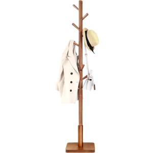 VASAGLE Solid Wood Coat Rack, Free Standing Hall Coat Tree with 8 Hooks, 3 Height Options, for Coats, Hats, Bags, Purses, for Entryway, Hallway, Rubberwood Hooks and Pole, Dark Walnut URCR010W01