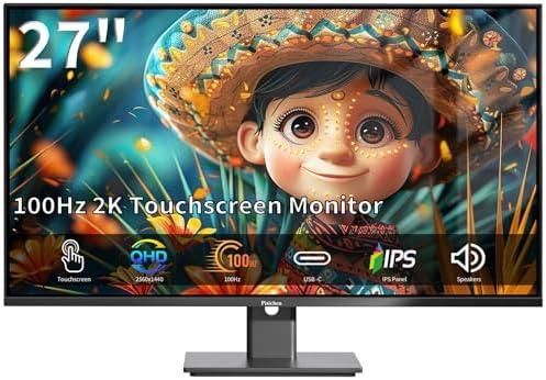 Pisichen Touchscreen Monitor 27 Inch 2K 100Hz Gaming Monitor, QHD 2560x1440 IPS PC Monitor, 10-Point Multi Touch Screen Computer Monitor, USBC HDMI VGA Ports, Built-in Speakers