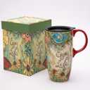 Topadorn Ceramic Coffee Cup Ceramic Travel Mug Porcelain Latte Mug with Lid 17oz. Coffee Cup with Handle. Enjoy Life
