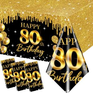 80th Birthday Tablecloth, 3Pcs Black Gold 80th Birthday Decorations Table Cloth 1954 Cheers to 80 Years Table Cover for Men Woman