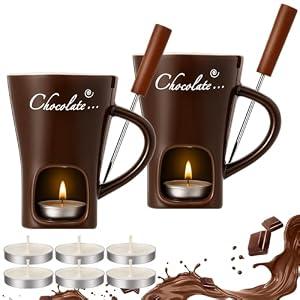 CupHoneydak 2 Set Chocolate Fondue Mug with Fork and Candle Sweet Ceramic Personal Chocolate Melting Cup Ideal Gifts for Birthday Date Night Birthday Wedding Gifts (Brown)
