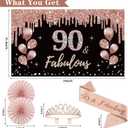 90th Birthday Decorations for Women, 33pcs 90th Crown and Sash, Black Rose Gold Happy 90th Birthday Banner Balloons Backdrop Hanging Swirls Paper Fans, 90 Years Old Bady Decorations Kit