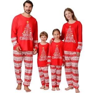 ANGELGGH Family Christmas PJs Matching Sets, Cute Holiday Pajamas Printed Top and Pants, Xmas Jammies for Couples/Men/Women (Youth, 6-8T, Red Merry Star) (Red)
