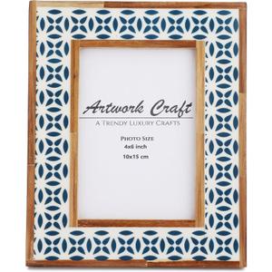 Handmade White Bone Photo Frame Geometric Painting Vintage Boho Wooden Picture Frames For Table-Top/Wall Decor (6x4 Inches, Geometric Blue)