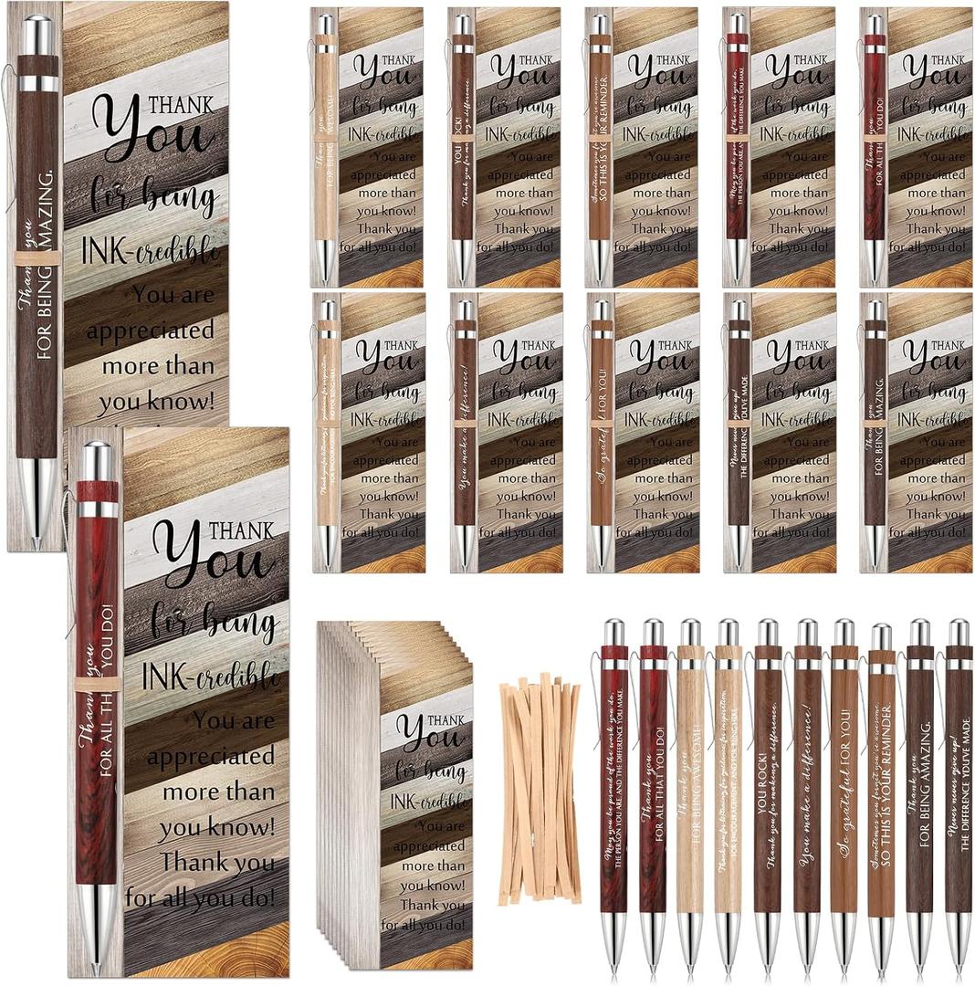 Fulmoon 100 Sets Employee Appreciation Gift Bulk Retractable Bamboo Ballpoint Pen and Thank You Bookmark for Men Teacher Nurse Volunteer Coworker Office Team Staff
