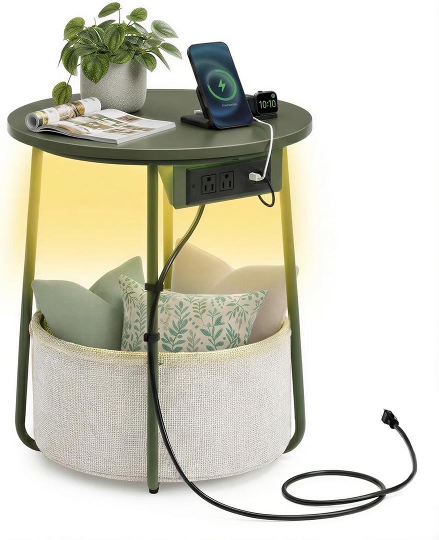 VASAGLE LILEA Collection - Side Table with Charging Station, Round End Table with Fabric Basket, LED Nightstand with USB Ports, Modern, for Living Room, Forest Green and Cream White ULET227C01, With LED light