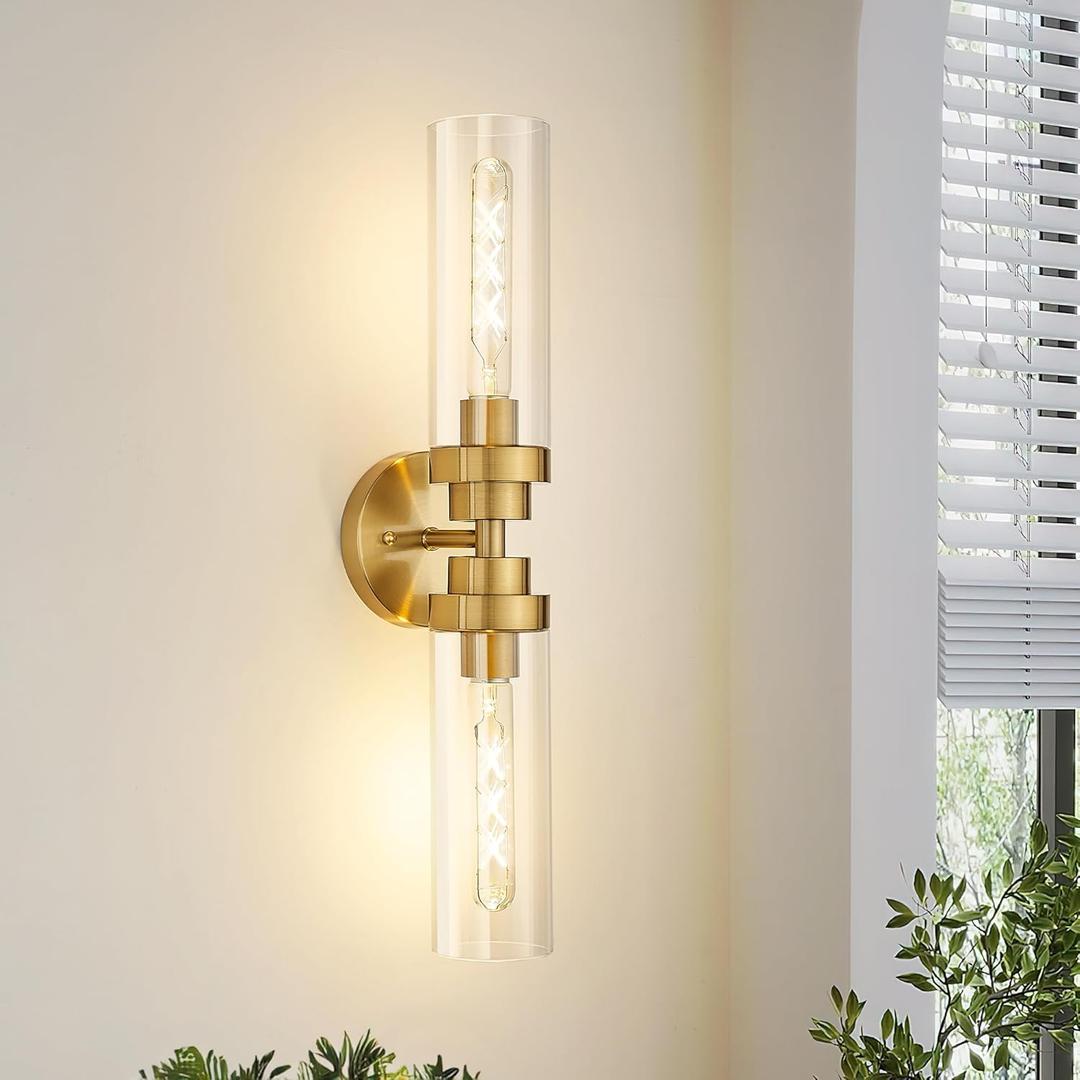 Emak 2-Light Bathroom Vanity Light Fixtures, Modern 22 Inch Brushed Gold Vanity Lights with Clear Glass Shade, Cylinder Wall Sconces for Bathroom, Bedroom, Hallway