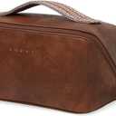 EACHY Travel Makeup Bag, Large Capacity Cosmetic Bag for Women, Waterproof PU Leather, Flat Open Portable Toiletry Bag for Skincare, Brushes & Travel Essentials (Medium, AI-Brown)