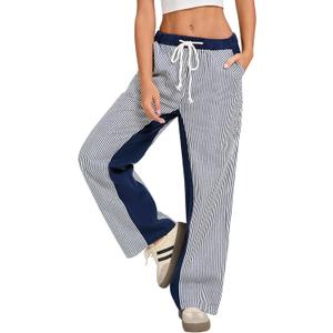 Kedera Women Stripe Straight Pants Pull On Drawstring Loose Baggy Pants Low Rise Boyfriend Boho Trousers 2025, Navy Blue Stripes, 14
