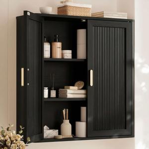 INNOD Bathroom Storage Cabinet, Over The Toilet Storage Cabinet, Medicine Cabinet with Adjustable Wood Shelf & Doors for Laundry Room & Kitchen & Living Room(Black)