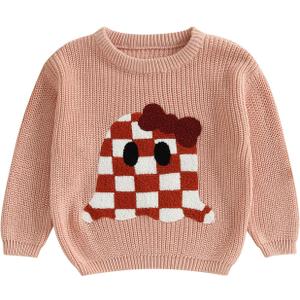 Kids Toddler Halloween Sweater Boys Girls Pumpkin/Ghost Embroidery Long Sleeve Knit Sweater Pullover Sweatshirt Top (3-4T, Pink Plaid)