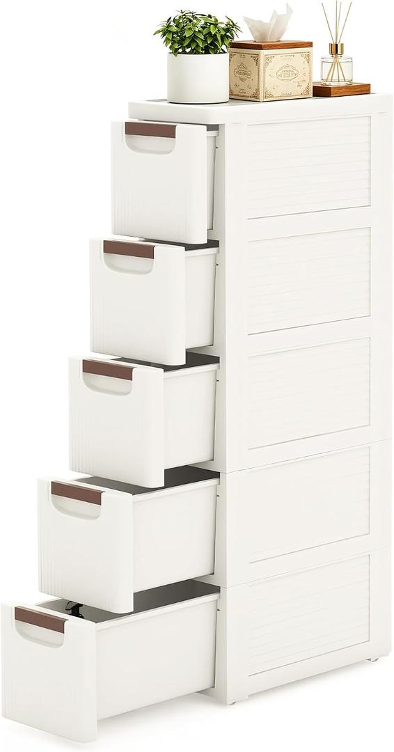 5 Drawers Narrow Bathroom Storage Cabinet, Slim Storage Cabinet, Plastic Slim Storage Cart Drawers for Small Spaces, Laundry, Office, Home, White