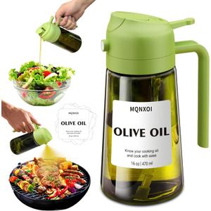 Oil Sprayer for Cooking, 2 in 1 Olive Oil Dispenser Bottle for Kitchen, 16oz/470ml Premium Glass, Food-grade Oil Mister for Air Fryer, Salad, Frying, BBQ (Green + Dark Green Bottle)