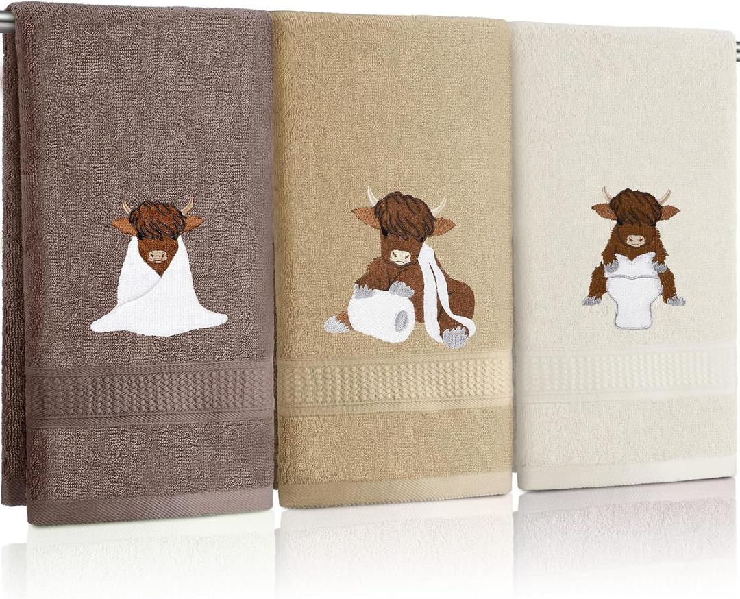 FuWeave 3 Pcs Highland Cow Hand Towels Embroidered Cow Farmhouse Decorative Bath Towels for Bathroom Kitchen Decor Country Farm Highland Holiday Housewarming Gifts, 100% Cotton, 13.3 x 29.5'' (Classic Color)