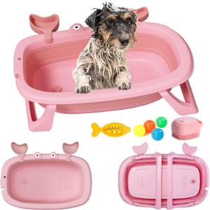 Dog Bath Tub with Dog Toys Pet Bathtub, Portable Puppy Bathtub for Easy Baths and Easy Storage, Dog Bath Tubs for Small Medium Pets-Foldable Pet Shower Tub with Drainage Hole, 26.5 x 17.2 x 7.8In,Pink