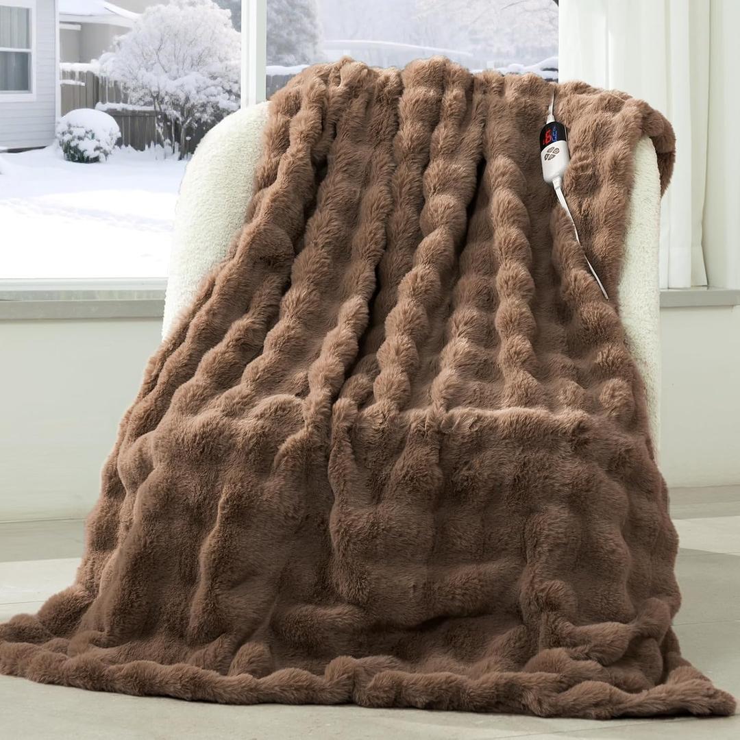 Faux Fur Heated Blanket Throw Camel - Luxury Fluffy Rabbit Bubble Electric Blanket with 6 Heating Levels, 4 Time Settings, Ideal Gift for Women, Machine Washable (50"x60")