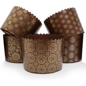 12 oz Round Panettone Paper Mold | 12 Pack | Non Stick Traditional Easter Bread Baking Forms  Golden-Bird Brown Design W 4.33 x H 3.35-In