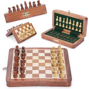 Ajuny Magnetic Travel Chess Set - Handcrafted Acacia Wood, Foldable Board with Elegant Storage Ages (7x7)
