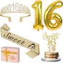 16th Birthday Decorations for Girls Gold with Sweet 16 Sash and Tiara, Cake Topper and Candles, Number Balloons, Sweet 16 Party Decoration Gifts