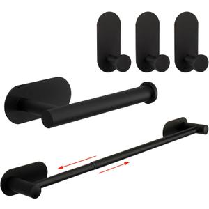 TocTen 5 Pieces Self Adhesive Towel Bar Set, Stainless Steel Bathroom Hardware Set Include Adjustable Towel Rack, Toilet Paper Holder, 3 Towel Hook, No Drill Bathroom Accessory Kit(Matte Black,24IN)