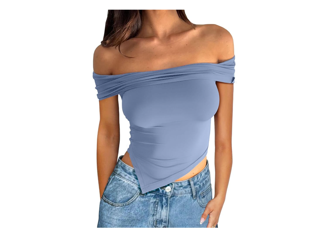 Asymmetrical Y2k Summer Cute Off Shoulder Tops Women Going Out Short Sleeve Crop Top Shirts 2025 Slim Fit Clothes