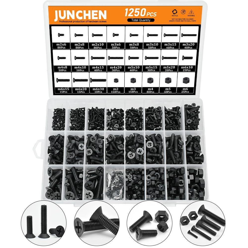 1250PCS Black Flat Head Phillips Screws Bolts and Nuts, M2 M3 M4 M5 M6 Metric Full Threaded Phillips Cross Recessed Nylon Plastic Bolts Nuts Assortment Kit Set for Insulate or Fasten PCB Board