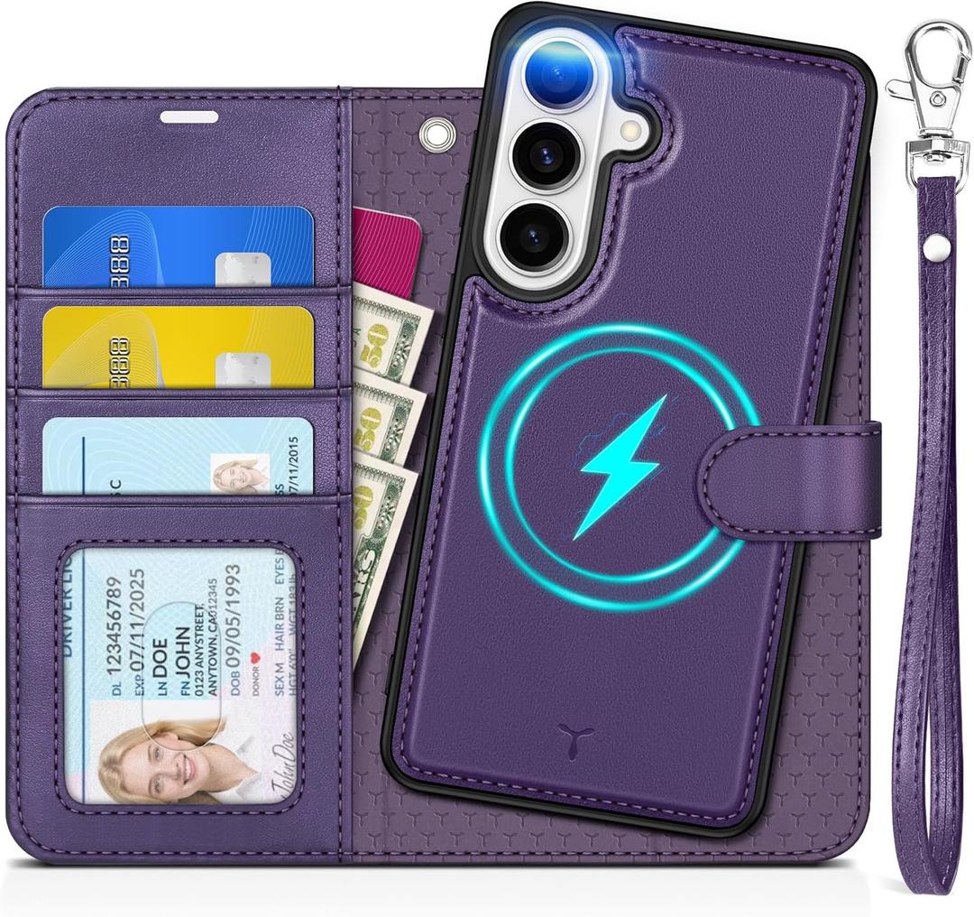 TUCCH Detachable Case Wallet for Galaxy S26, Wrist Strap 3 Card Slots RFID Blocking Wireless Charging Stand, 2-in-1 Magnetic PU Leather Shockproof Folio Cover for Galaxy S26 (6.3") 2026, Deep Purple