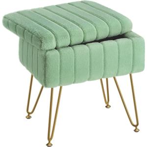 Greenstell Vanity Stool Chair Faux Fur with Storage, 15.7"L x 11.8"W x 19.4"H Soft Ottoman 4 Metal Legs with Anti-Slip Feet, Furry Padded Seat, Modern Multifunctional Chairs for Makeup, Bedroom,Green