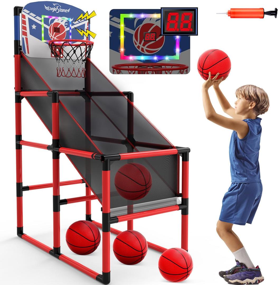 EagleStone 63IN Kids Arcade Basketball Hoop Indoor, LED Scoreboard Basketball Arcade Game Set for Outdoor with Cheer Sounds, Kids Basketball Toys for Boys Girls Age 3-5 5-7 4-8 (Red-led Light)