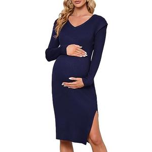 KOJOOIN Women's Maternity V Neck Sweater Dress Rib Knit Long Sleeve Bodycon Side Slit Midi Dress Fall Photoshoot Baby Shower, Black, M
