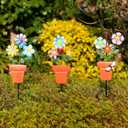 3 Pcs Metal Flower Garden Stakes, 24" H Flower Pot Shape Decorative Garden Stakes, Metal Yard Art for Outdoor Spring Lawn Patio Pathway Decor