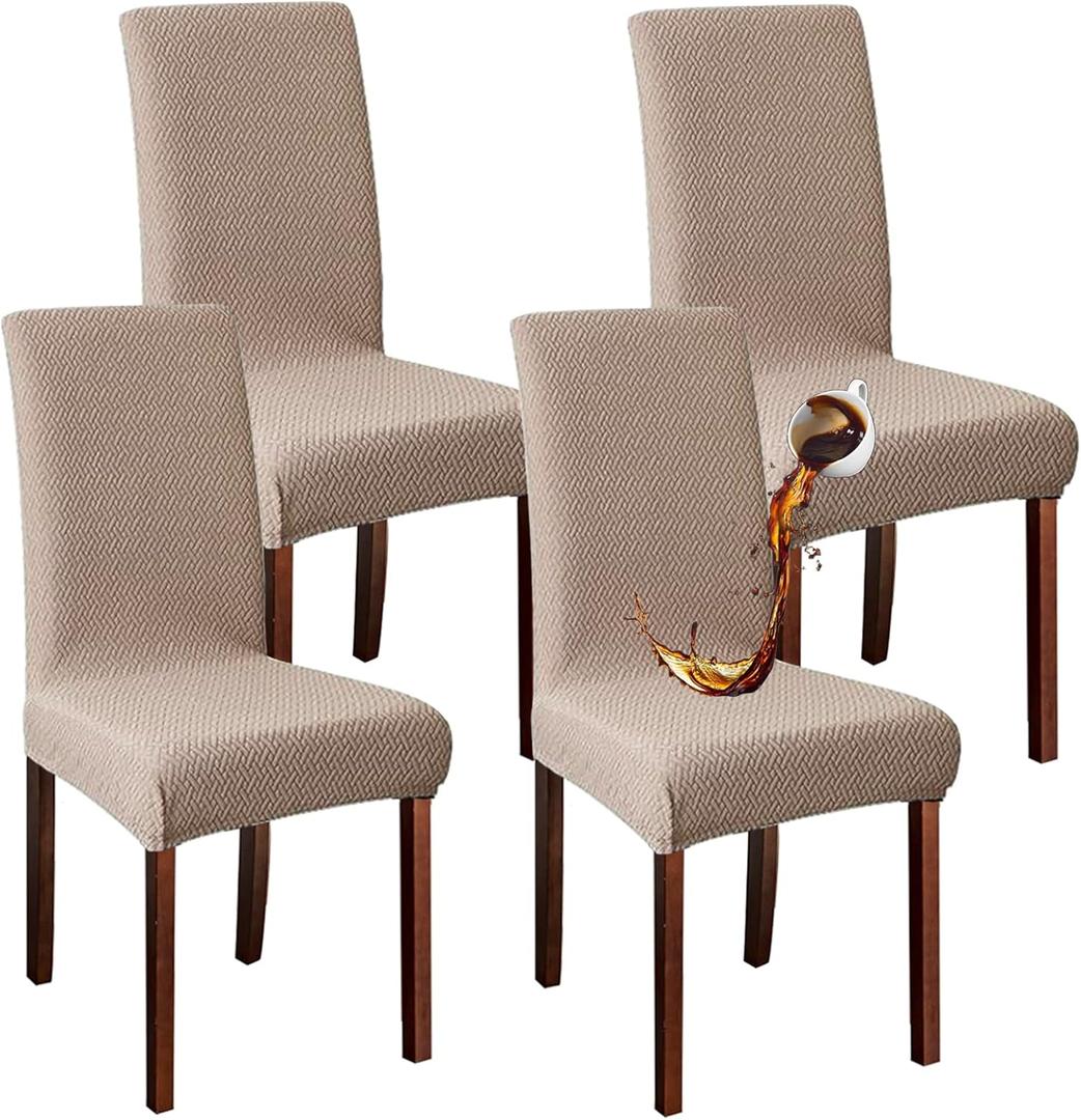 Waterproof Chair Covers Dining Chair Cover,Removable Washable Jacquard Parsons Chair Covers (Khaki-Set of 4)