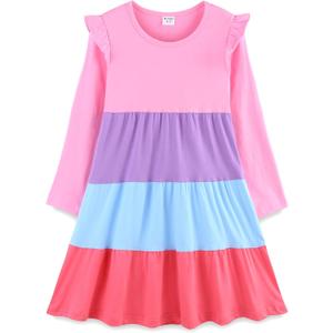 Bumeex Girl's Dresses Cotton Ruffle Sleeve Tiered Swing A-Line Cute Midi Casual Sundress (5T, #Pink)