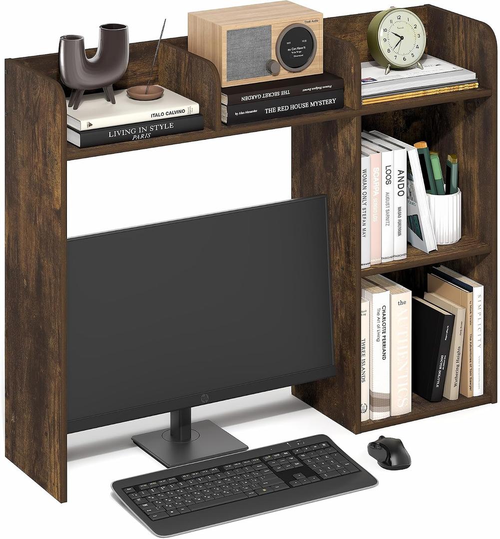 Furinno Classic Desk Shelf, 5-Shelf Desktop Hutch, Book Shelf, 3-Tier Desk Organzier, for Office Supplies, Office Desk Accessories, for Home Office, College, Dorm, Amber Pine, 5 Shelves
