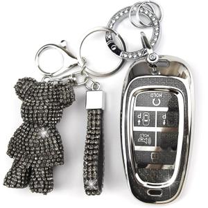Cute Key Fob Cover with Rhinestone Bear Charm, Bling TPU Smart Key Case for Women, Compatible with Hyundai Sonata Santa Fe Tucson Nexo 2019-2021 Palisade 2023-2024 (7-Button, Black)