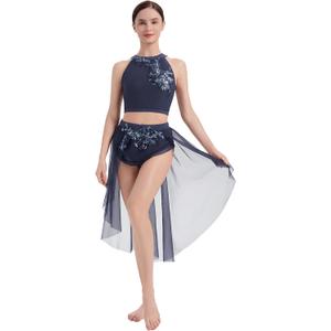 AFAVOM Lyrical Dance Costumes for Women Sequin Flower Lyrical Dress Crop Top + Flowy Mesh Tulle Skirt Contemporary Dancewear (Large, Navy Blue)