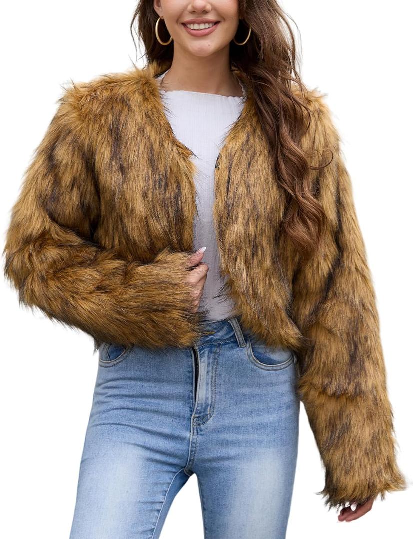 Gihuo Women's Winter Cropped Faux Fur Coat Long Sleeve Open Front Cardigan Fleece Jackets Shaggy Parka Outerwear (Large, Brown)