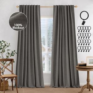 MIULEE 100% Blackout Curtains 96 inches Long, Linen Curtains for Bedroom Living Black Out Window Treatments Thermal Insulated Room Darkening Drapes Back Tab & Rod Pocket, Dark Gray, 2 Panels
