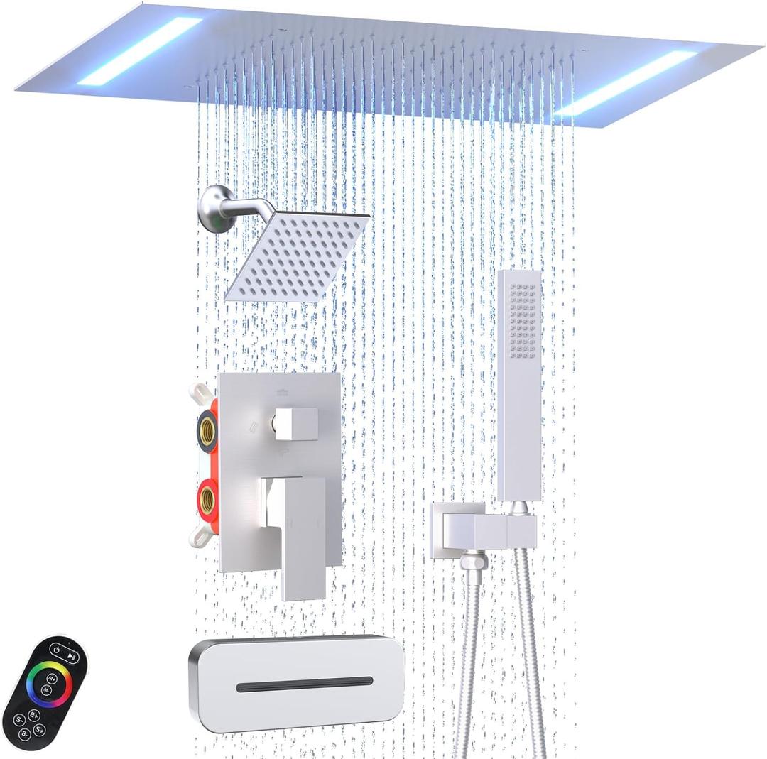 Enga Luxury Bathtub Shower System, Ceiling Mount 14x20 Inch LED Shower Head with 6 Inch Shower Head, Up/Down Waterfall Tub Spout Shower Faucet Set, Brushed Nickel